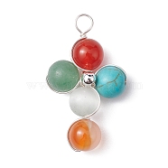 Gemstone Round Beaded Pendants, Silver Color Plated Copper Wire Wrapped Cross Charms, Cross, 36x21x8mm, Hole: 3.8mm(PALLOY-JF02255)