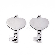Valentine's Day 201 Stainless Steel Pendants, Laser Cut, Heart Key with Word Love, Stainless Steel Color, 19x12.5x0.9mm, Hole: 1.2mm(STAS-S081-085)