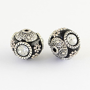 Handmade Indonesia Round Beads, with Glass Cabochons and Antique Silver Metal Color Double Alloy Cores, Black, 14~15x15~16mm, Hole: 2mm(IPDL-R400-09)