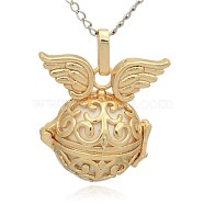 Golden Tone Brass Hollow Round Cage Pendants, with No Hole Spray Painted Brass Round Ball Beads, Round with Wing, White, 31x30x21mm, Hole: 3x8mm(KK-J233-03G)