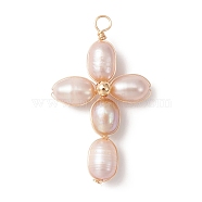Natural Freshwater Pearl Copper Wire Wrapped Pendants, Cross Charms with Brass Round Beads, Golden, Plum, 36~42.5x20~24.5x7~7.5mm, Hole: 3~3.5mm(PALLOY-JF02154-01)