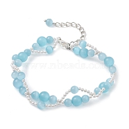 Round Cat Eye & Shell Pearl Beaded Bracelets, Beach Shell Shape Bracelets for Women, Light Blue, 8 inch(20.2cm)(BJEW-JB10270)