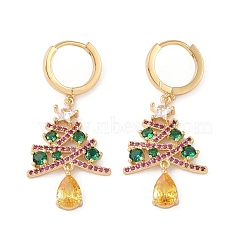 Christmas Tree Brass Pave Colorful Cubic Zirconia Dangle Asymmetrical Earrings, 304 Stainless Steel Huggie Hoop Earrings for Women, Golden, 36.5x17mm(EJEW-M257-04B-G)