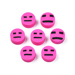 Handmade Polymer Clay Beads, Flat Round with Expression, Deep Pink, 9~10x4~5mm, Hole: 1.6mm(CLAY-N008-065-A05)