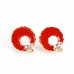 Brass Clear Cubic Zirconia Stud Earring Findings, with Loop & Enamel, Nickel Free, Real 18K Gold Plated, Donut, Red, 11.5mm, Hole: 0.8mm, Pin: 0.7mm(KK-S356-242B-NF)