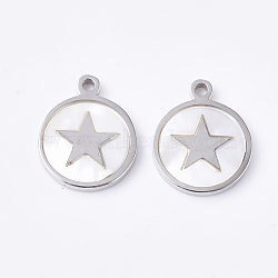 304 Stainless Steel Pentacle Charms, with Shell, Flat Round with Star, Stainless Steel Color, 12x10x1.5mm, Hole: 1.2mm(STAS-S079-125P)