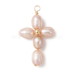 Natural Freshwater Pearl Copper Wire Wrapped Pendants, Cross Charms with Brass Round Beads, Golden, Plum, 36~42.5x20~24.5x7~7.5mm, Hole: 3~3.5mm(PALLOY-JF02154-01)