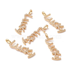 Brass Micro Pave Clear Cubic Zirconia Pendants, Long-Lasting Plated, Lead Free & Cadmium Free & Nickel Free, Lucky Word Shape, Real 18K Gold Plated, 33x10x2mm, Hole: 4x5mm(ZIRC-Z019-27G-NR)