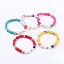 Stretch Bracelets, with Handmade Polymer Clay Heishi Beads, Heart Natural Sea Shell Beads and Round Brass Beads, Mixed Color, 2-1/4 inch(5.6cm)(BJEW-JB05081)