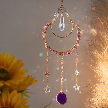 Moon Iron & Natural Amethyst Chip Pendant Decorations, Hanging Suncatchers, with Glass Teardrop and Agate Charm, for Home Car Decorations, 425mm