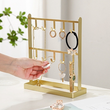 Iron Jewelry Display Rack, with Jewelry Tray, For Hanging Necklaces Earrings Bracelets, Gold, 7.5x20x24cm