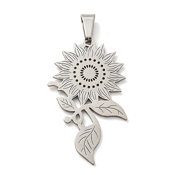304 Stainless Steel Pendants, Laser Cut, Sunflower Charm, Stainless Steel Color, 36x22x1mm, Hole: 7x3mm