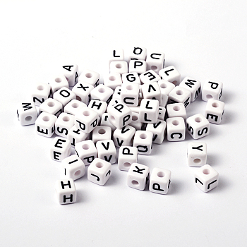 Acrylic Horizontal Hole Letter Beads, Cube, White, Size: about 10mm, hole: about 3mm, about 550pcs/500g