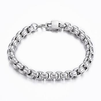 304 Stainless Steel Box Chain Bracelets, with Lobster Claw Clasps, Stainless Steel Color, 9 inch(230mm), 8mm