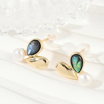 Teardrop Brass Abalone Shell Stud Earrings, with Imitation Pearl, Real 14K Gold Plated, 14x12mm