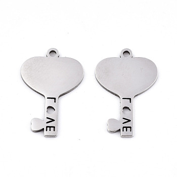 Valentine's Day 201 Stainless Steel Pendants, Laser Cut, Heart Key with Word Love, Stainless Steel Color, 19x12.5x0.9mm, Hole: 1.2mm