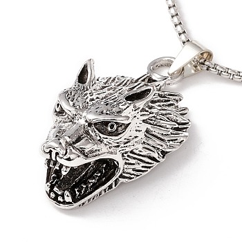 Alloy Wolf Pendant Necklace with 201 Stainless Steel Box Chains, Gothic Jewelry for Men Women, Antique Silver & Stainless Steel Color, 23.62 inch(60cm)