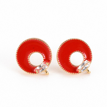 Brass Clear Cubic Zirconia Stud Earring Findings, with Loop & Enamel, Nickel Free, Real 18K Gold Plated, Donut, Red, 11.5mm, Hole: 0.8mm, Pin: 0.7mm