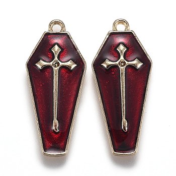 Halloween Theme Alloy Enamel Pendants, Red Coffin with Cross, Light Gold, 25.5x11x1.5mm, Hole: 1.6mm
