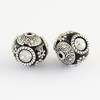 Handmade Indonesia Round Beads, with Glass Cabochons and Antique Silver Metal Color Double Alloy Cores, Black, 14~15x15~16mm, Hole: 2mm
