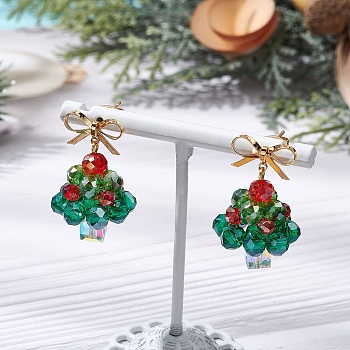 Handmade Glass Beads Dangle Stud Earrings, with Brass Findings, Golden, Christmas Tree, Green, 32x20mm