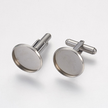 304 Stainless Steel Cuffinks, Flat Round, Stainless Steel Color, 19.5mm, Tray: 18x2mm, Inner Size: 16mm