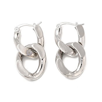 Brass Double Interlocking Oval Dangle Hoop Earrings for Women, Platinum, 36mm, Pin: 0.8mm