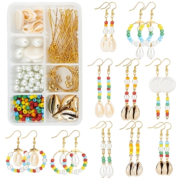 SUNNYCLUE DIY Natural Shell Drop Earring Making Kit, Including Glass Pearl & Seed Beads, Shell Pearl & Cowrie Shell Beads, Shell Pendant, Brass Beads & Hoop Earring Pendant & Jump Rings & Pin & Earring Hooks, Mixed Color, Shell: 12pcs/box