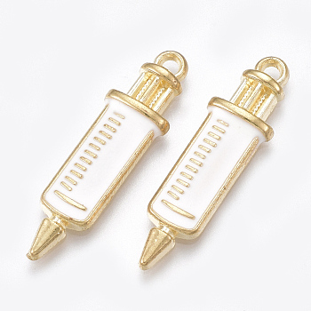 Alloy Pendants, Cadmium Free & Lead Free, with Enamel, Injection Syringe Shape, Light Gold, Creamy White, 30x8x2.5mm, Hole: 1.5mm