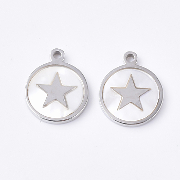 304 Stainless Steel Pentacle Charms, with Shell, Flat Round with Star, Stainless Steel Color, 12x10x1.5mm, Hole: 1.2mm