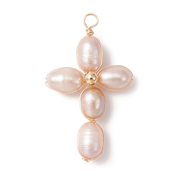Natural Freshwater Pearl Copper Wire Wrapped Pendants, Cross Charms with Brass Round Beads, Golden, Plum, 36~42.5x20~24.5x7~7.5mm, Hole: 3~3.5mm