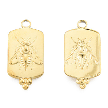 Ion Plating(IP) 201 Stainless Steel Pendants, Rectangle with Bees, Real 18K Gold Plated, 29x14x2mm, Hole: 2.5mm