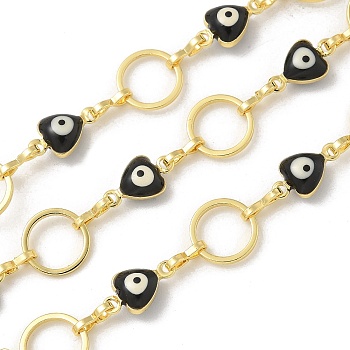 Rack Plating Brass Enamel Link Chains, Long-Lasting Plated, Unwelded, Real 18K Gold Plated, Oval & Heart & Evil Eye, Black, 8~10x5.5~8x0.8~1mm