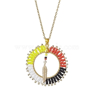 Glass Seed Beads Boho Pendant Necklaces, Flat Round with Feather, Golden, 17.72 inch(45cm)(NJEW-MZ00038)