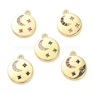 Brass Micro Pave Cubic Zirconia Pendants, Flat Round with Moon & Star, Mixed Color, 11.5x9.5x1.5mm, Hole: 1mm(ZIRC-P085-32G)