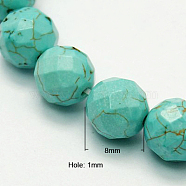 Natural Howlite Beads Strands, Dyed & Heated, Faceted, Round, Turquoise, 8mm, Hole: 1mm, 46pcs/strands, 14.76 inch(37.4cm)(TURQ-P027-44)
