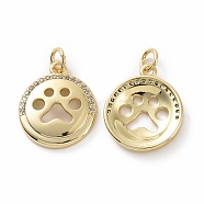 Brass Micro Pave Cubic Zirconia Pendants, Real 18K Gold Plated, with Jump Ring, Flat Round with Paw Print Charms, Clear, 18.5x15.5x5mm, Jump Ring: 5x0.8mm, Inner Diameter: 3.2mm(KK-E068-VF064)