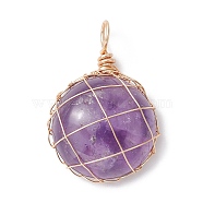 Natural Amethyst Copper Wire Wrapped Pendants, Half Round/Dome Charms, Golden, 30.5x21x8mm, Hole: 4.7mm(PALLOY-JF02436-02)