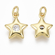 Brass Micro Pave Cubic Zirconia Charms, with Jump Ring, Nickel Free, Star, Clear, Real 18K Gold Plated, 11x8.5x2.5mm, Hole: 2mm(ZIRC-R109-043-NF)