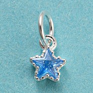 925 Sterling Silver Charms, with Cubic Zirconia, Faceted Star, Silver, Cornflower Blue, 7x5x2.5mm, Hole: 3mm(STER-G035-01C-03)