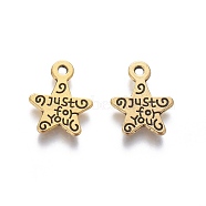 Gift Ideas for Men On Valentines Day Tibetan Style Alloy Star Carved Word Just for You Message Charms, Cadmium Free & Nickel Free & Lead Free, Antique Golden, 14x11.5x11mm, Hole: 1mm(GLF1272Y-NF)