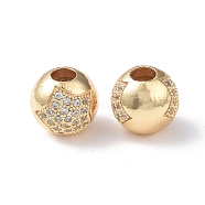 Brass Micro Pave Cubic Zirconia Beads, Round with Star, Real 18K Gold Plated, 10x9.5mm, Hole: 4mm(KK-I702-19B-G)