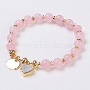 Natural Rose Quartz Beads Stretch Bracelets, with Electroplate Natural Druzy and Brass Findings, Heart and Flat Round, 2-1/8 inch(5.5cm), Charms: 12~13x12x1~7mm(BJEW-I261-01C)