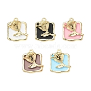5Pcs Rack Plating Alloy Enamel Pendants, Cadmium Free & Lead Free, Rectangle with Rose, Mixed Color, 21.5x19x6mm, Hole: 1.6mm(ENAM-YW0002-46)