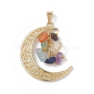 7 Chakra Natural Mixed Gemstone Chip Pendants, Light Gold Plated Alloy Moon Charms, 40.5x35x3~4mm Hole: 7x3.5mm(PALLOY-JF01984)