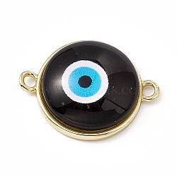 Evil Eye Resin Connector Charms, Flat Round Links, with Golden Tone Brass Findings, Black, 16.5x22x5mm, Hole: 1.8mm(KK-P224-01G-01)