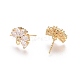 Brass Cubic Zirconia Stud Earring Findings, with Loop, Flower, Clear, Golden, 15mm, Pin: 0.7mm(EJEW-E257-05G)