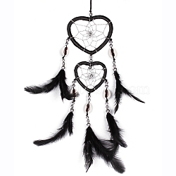 Heart Woven Web/Net with Feather Wall Hanging Decorations, with Iron Ring, for Home Bedroom Decorations, Black, 350~400mm(PW-WG99519-03)