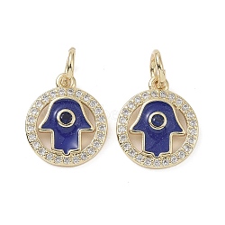 Real 18K Gold Plated Brass Micro Pave Cubic Zirconia Pendants, with Enamel and Jump Ring, Hamsa Hand with Evil Eye Charms, Colorful, 14.5x12.5x2mm, Hole: 4mm(KK-L209-078G-04)