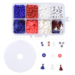 4 July American Independence Day Jewelry Making Kits, Including 3 Colors 4mm Seed Beads, 8mm Polymer Clay Heishi Beads, Letter Beads, Polycotton Tassel, Elastic Crystal Thread, for DIY Bracelets Earring, Beads: 1110pcs/Box(DIY-LS0001-05)